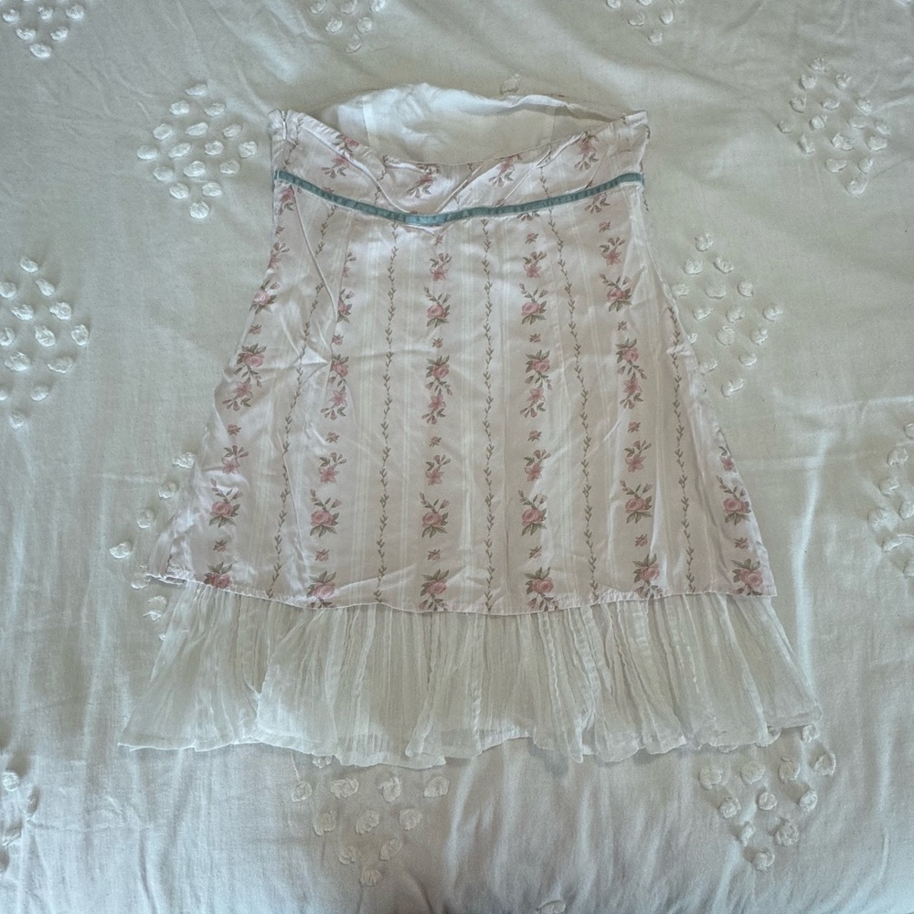 Women’s Floral Strapless Cream Mini Dress with Blue Bow - Picture 2 of 3